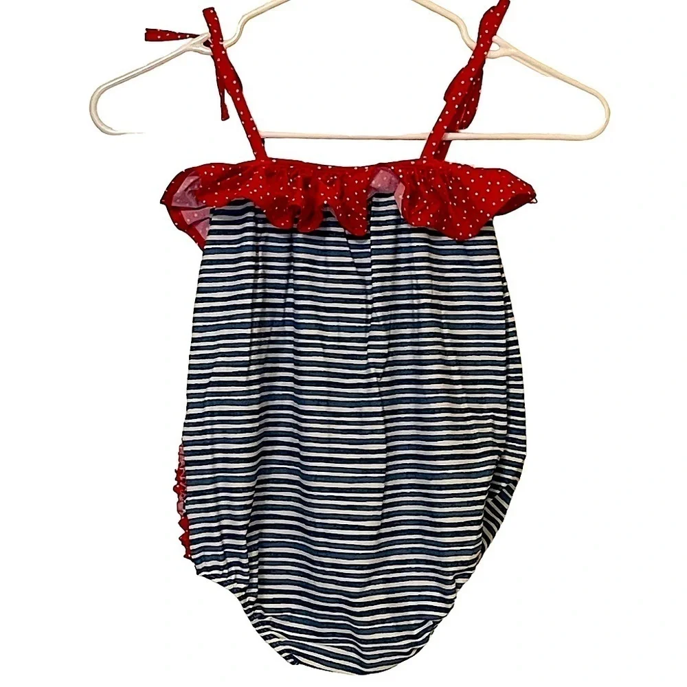 Mud Pie Blue and White Striped Crab Motif Spaghetti Strap Swimsuit Size 5T